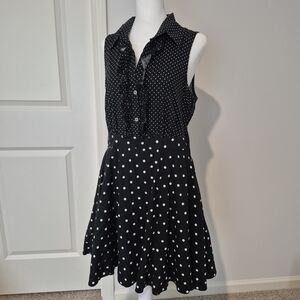 Sleeveless Collared bailey blue Black With White Polka Dot Large Dress